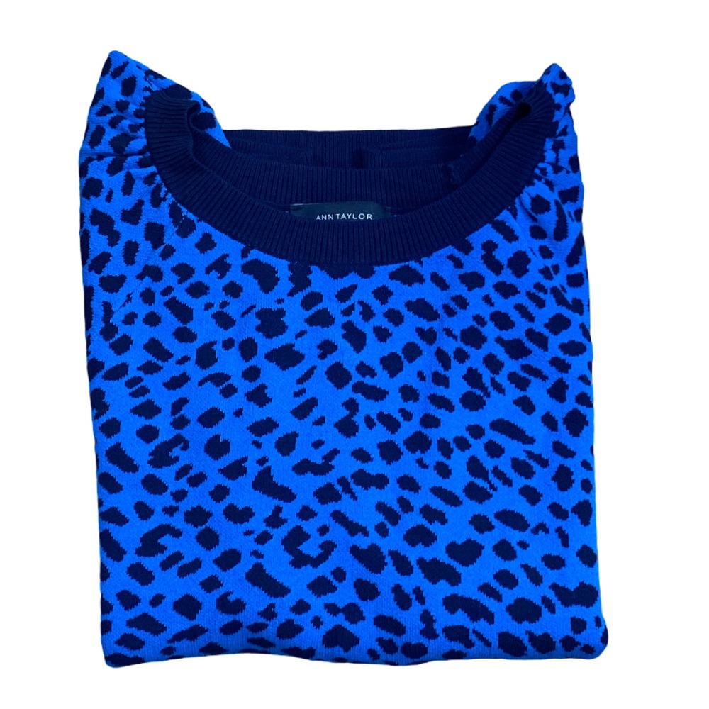 Ann Taylor Blue Leopard Print 3/4 Puff Sleeve Sweater Medium NWT 533966 - Picture 5 of 7